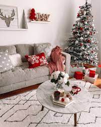 Modern Christmas Decor Reds And Grays Flocked Tree Christmas Decorations Living Room Christmas Apartment Cozy Christmas Living Room