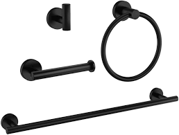 Oil rubbed bronze towel hooks are mounted to a light gray wall over a gray bath mat placed on white hex floor tiles outside of a seamless glass shower. Amazon Com Marmolux Acc Bathroom Accessories Towel Rack Bathroom Towel Holder Towel Bar Set Bathroom Hardware Set 4 Pieces Bathroom Fixtures Heavy Duty Wall Mount Stainless Steel Matte Black Bath Hardware Kitchen