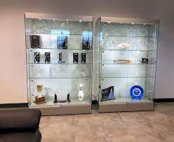 48 Display Case W Led Lights Frameless Sliding Door Ships Assembled Silver Glass Cabinets Display Trophy Display Case Trophy Display