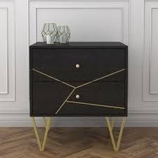 Mika 2 Drawer Bedside Table With Gold Inlay In Dark Brown Wood Bedside Table Brown Dark Brown Bedside Table Wood Drawers