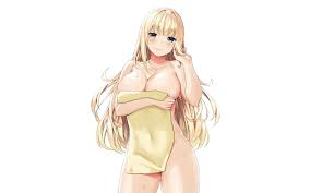 blonde hair blush breast hold breasts cleavage cropped long hair original  otona no moeoh sky (freedom) third-party edit towel wet white |  konachan.com - Konachan.com Anime Wallpapers