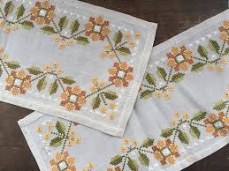 Embroidered Table Runner Set Floral Cross Stitch Runner Set Floral Cross Stitch Cross Stitch Flowers Embroidered Table Runner