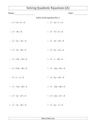 The Solving Quadratic Equations With Positive A Coefficients Of 1 A Math Worksheet From The Algeb Quadratics Solving Quadratic Equations Quadratic Equation