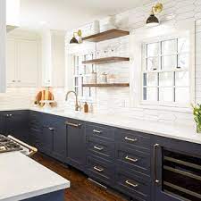 Unique steel oven hood over island stands out in this all wood kitchen featuring rich dark tones on the cabinets and lighter. 75 Beautiful Dark Wood Floor Kitchen With Blue Cabinets Pictures Ideas August 2021 Houzz