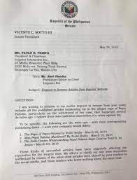 (3 spaces after the letterhead) president rodrigo roa duterte (bold) (4th space) republic of the philippines malacaan palace manila (1st space) thru: The Philippine Star On Twitter Read Senate President Tito Sotto Has Requested The Inquirer Interactive Inc To Remove From Its Website All Published Articles Implicating Him In The Case Of Actress Pepsi
