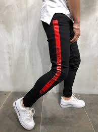 Black And Red Jeans Men Side Stripe Skinny Jeans Black Red Stylish Mens Fashion Mens Fashion Edgy Mens Street Style