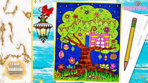 draw beautiful treehouse رسم منزل مع فوانيس رمضان رائعة فوق الشجرة handmade