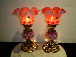 FENTON CRANBERRY COIN DOT LAMP w/LIGHTING IN THE SHADE & IN THE BRASS BASE  1 LAM