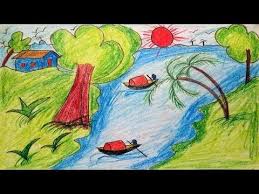 How To Draw Scenery Of Summer Season For Kids Drawing Village Scenery Drawing For Kids Drawings Landscape Drawings