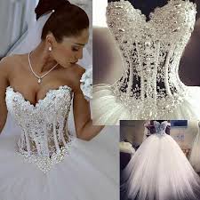 Luxurious Bling Strapless Wedding Dresses Sweetheart Corset Bridal Ball Crystal Pearl Beads Rhinestone Ball Gown Wedding Dress Lace Bridal Gown Wedding Dresses