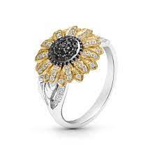 Diamonds Flower Engagement Ring Two Tone Gold Sunflower Ring With Natural Diamonds Unique Nature Inspired Rings By Camellia Morning Dew Collection Camellia Jewelry