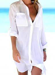 Women S Blouses Solid Turn Down Collar Button Pocket Long Sleeve Vacation Casual Daily Blouses In 2021 Beach Outfit Women Beach Shirts Casual Beach Wear