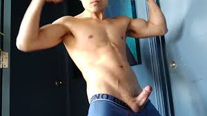 Horny man removing shirt to reveal a ripped hard body huge cumshot mess