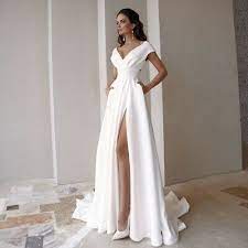 Js collections illusion lace short sleeve cocktail dress. White Ivory Off The Shoulder Split Satin Wedding Dress Short Sleeve Bridal Gown Ebay