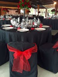 Black Table Cloth Damask Satin Overlay Bunched In Middle Of Table Red Chair Bow Black Table Red Chair Chair Bows