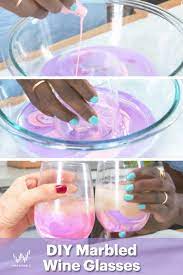 Diy Marbled Wine Glasses Make A Cool Artsy Goblet Here S How Combine Water And Nail Polish In A Mixture Then Dip Diy Wine Glasses Wine Glass Crafts Diy Wine