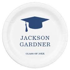 Simple Classic Navy Blue White Name Graduation Cap Paper Plate White Names Paper Plates Blue And White
