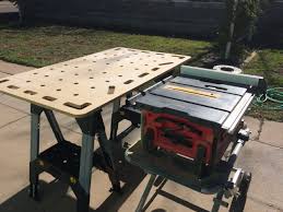 With Adjustable Height Saw Horses I M Able To Use The Mfslab As An Outfeed Table Portable Table Saw Portable Work Table Table Saw