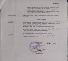 Contoh 1 surat kepala desa kepada bupati cq camat perihal laporan dan konsultasi mengenai usulan pemberhentian karena pemberhentian perangkat desa karena permintaan diri meninggal dunia usia telah genap 60 enam puluh tahun pemerintah kabupaten lebak. Kades Santiri Mubar Diduga Palsukan Rekomendasi Camat Tiworo Utara Inilahsultra Com