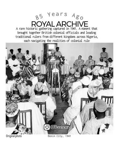 This rare historic photograph, taken in Benin City in 1941, eight-five  years ago, captures a gathering of some of the most influential traditional  rulers in colonial-era Nigeria as well as some British