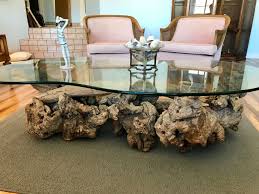 Decmode natural round driftwood and glass coffee table. Mid Century Driftwood Coffee Table With Kidney Shaped Glass Top