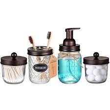 While farmhouse bathroom's have been a trend for a while, i just can't get over them. Mason Jar Bathroom Accessories Set 4 Pack Foaming Soap Dispenser Qtip Holder Set Toothbrush Holder Rustic Farmhouse Decor Bathroom Organizer Apothecary Jar Country Countertop Bronze Buy Online In Botswana At Botswana Desertcart Com Productid