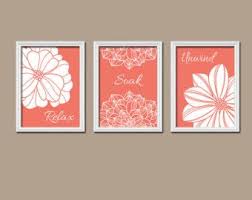 Coral Colored Wall Hangings With White Flowers Bathroom Artwork Bathroom Wall Art Turquoise Bathroom Decor