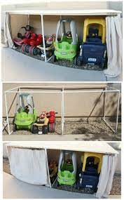 Covered Kiddie Car Parking Garage Outdoor Toy Organization Mom Endeavors Outdoor Toy Storage Diy Toy Storage Toy Organization