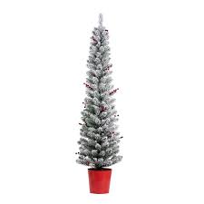Haute Decor 5 Ft Pre Lit Incandescent Flocked Berry Pencil Potted Artificial Tree With 70 Clear Lights Dcct0505 The Home Depot In 2020 Slim Artificial Christmas Trees Flocked Artificial Christmas Trees Artificial Tree