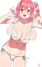 rkrk, honoka (doa), dead or alive, highres, areola slip, bikini, bikini  pull, bouncing breasts, breasts, clothes pull, deep skin, hair ornament,  huge breasts, looking at viewer, pink eyes, pink hair, side-tie bikini