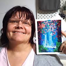 Waterfall Painting Cherry Blossom Art River Artwork Original Floral Art 7  By5 by Kunstquelle