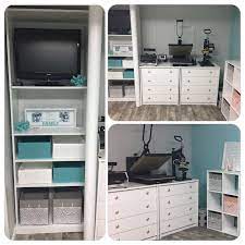 Craft Room Heat Press Area And Bookcase With More Storage The Dressers Drawers Are Perfect For Storing Craft Room Craft Room Vinyl Storage Craft Room Storage