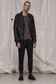 Allsaints Men S January Lookbook Look 5 Volt Leather Biker Jacket Seymor Long Sleeve Crew T Shir Leather Jacket Men Celebrities Leather Jacket New Mens Suits