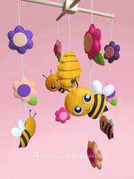 Carousel Cradle With Bees Flowers And Hive In Felt Carousel For Newborn Cradle Suspended Carousel Bees And Flowers Felt Birth Gift Baby Mobile Basteln Anleitung Basteln