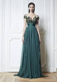 Zuhair Murad Dark Green Chiffon Evening Dresses Appliques Beads Pleat Sheer Short Sleeves Long Chiffon Evening Dresses Prom Gowns Vintage Evening Dresses Long