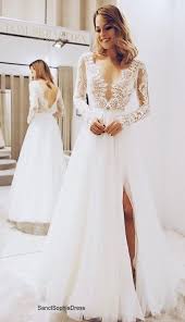 The ravenna is another ballgown beauty with its flounced soft net skirt and draped bodice. Long Sleeve Lace Wedding Dress Sexy Slit V Back Wedding Dress Sancta Sophia Online Store Powered By Storenvy