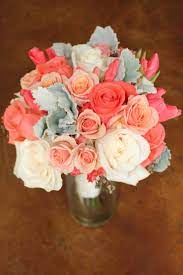 Coral Peach Ivory Bouquet With Roses Godetia And Dusty Miller Ivory Bouquets Order Flowers Online Bridesmaid Bouquet