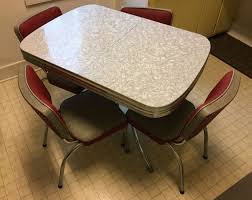 Our Gray Cracked Ice Formica Table With Gray And Red Chairs Formica Table Dining Chairs Red Chair