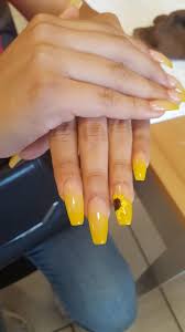 Orange & yellow marble nail designs w/ splash of mary jane. Coffin Ombre Yellow And White Nails Nail And Manicure Trends