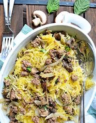 Spaghetti Squash With Beef Mushrooms Noodle Less Gluten Free Recipe Grass Fed Beef Recipes Beef Recipes Grass Fed Beef