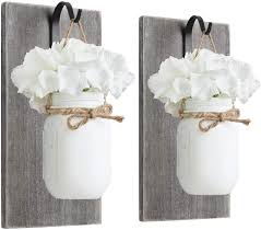 Mason jars cliparts collection in vector. Golden Home Mason Jar Sconces Wall Decor Rustic Wall Sconces Set Wood Boards With Hydrangea Flower Wall Art Vintage Home Fall Decor Set Of 2 White Walmart Com Walmart Com