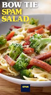Black And White Bow Tie Pasta An Elegant Bow Tie Spam Salad Is Dressed To Impress It S A Color Coordinated Dish With Green And Red Veggies Golden Br Recipes Salad Recipes Cooking Recipes