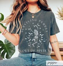 Surviving Purely Out of Spite Comfort Colors Shirt, Funny Goth Celestial  Skeleton and Bats Shirt, Bat Lover Gothic Boho Garment Dyed T-shirt
