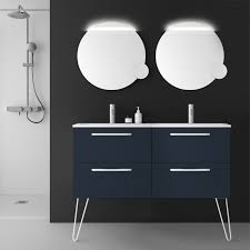 Equipé de 2 portes, 2 toiroirs avec un système de fermeture silencieuse. Meuble De Salle De Bain 120 Cm Bleu Nuit A Suspendre Double Vasque