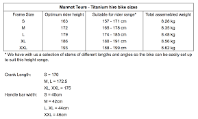 Size Chart For Marmot Cycling Holidays Titanium Hire Bikes