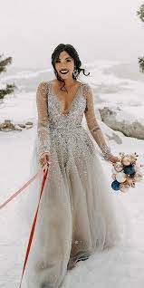 Winter Wedding Dresses Outfits A Line With Illusion Long Sleeves V Neckline Sequins Silver Ariel Winter Wedding Dress Wedding Dress Outfit Silver Wedding Gowns