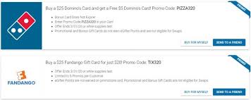 Redeemable online or on the free mobile app for any movie at any fandango theater including amc get your swag on with discounted movies to stream at home, exclusive movie gear, access to advanced screenings and discounts galore. Expired Egifter 20 Off Fandango Gift Cards 20 Bonus On Domino S Gift Cards Gc Galore
