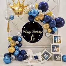 Blue and gold birthday decorations. Yansion 46pcs Blue Gold Balloons Birthday Decoration Foil Balloons Navy Blue Latex Balloons Blue Gold Silver Metallic Balloons Gold Confetti Balloons Star Foil Balloons Crown Foil Balloons Happy Birthday Banner Cake Topper Wayfair