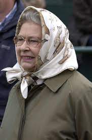 Queen Elizabeth Ii Wearing A Silk Headscarf And A Raincoat At The Royal Windsor Queen Elizabeth Elizabeth Ii Elizabeth
