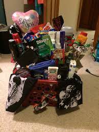 Gift Basket For My Boyfriend Going On A Motorcycle Road Trip Bought A Bunch Of Travel Sized Ne Travel Gift Basket Valentine Gift Baskets Gift Baskets For Him